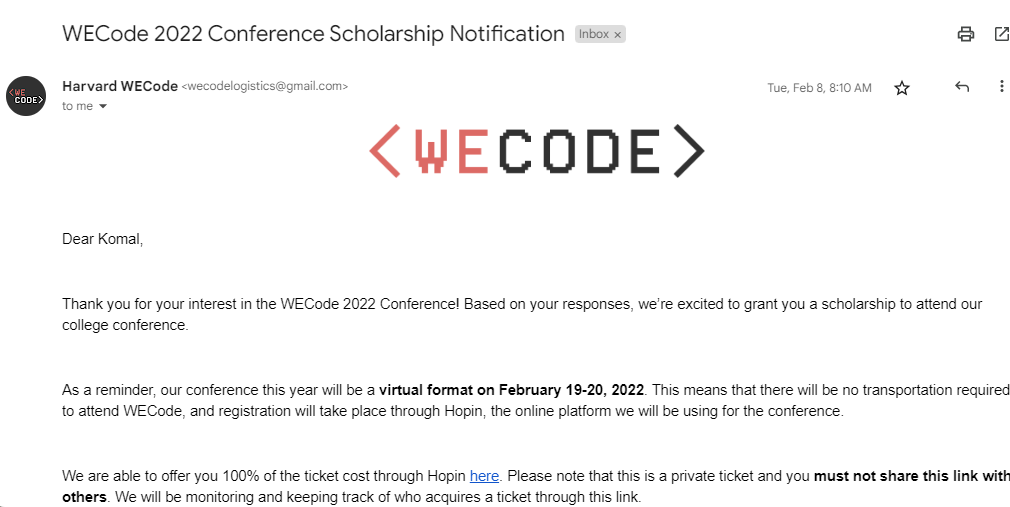 Harvard WeCode'22 Scholarship